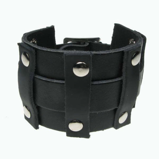 WB560 3 Row Width Leather horizontal bars and rivets - Black Leather Wristband