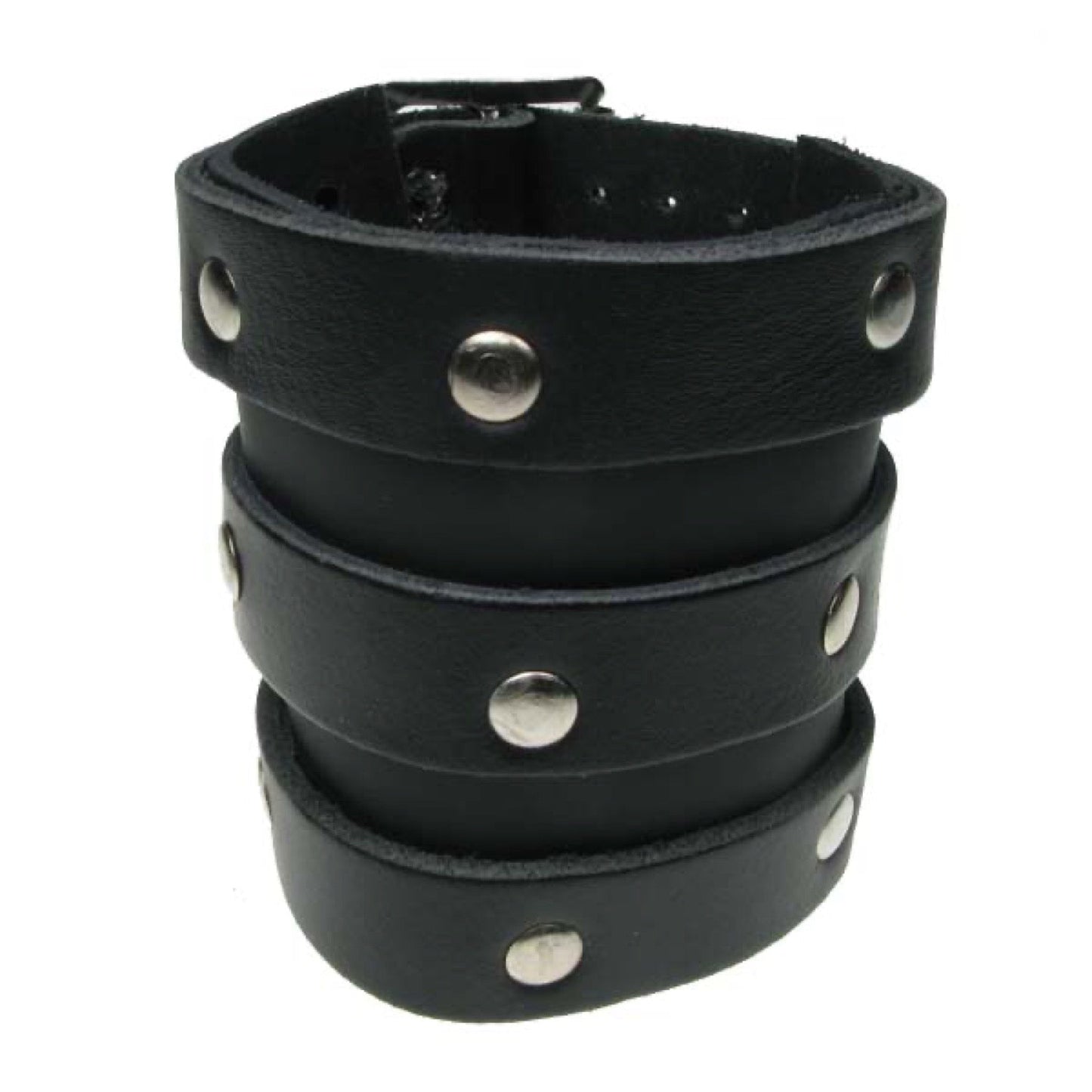 WB561 5 Row Width Leather vertical strips and rivets - Black Leather Wristband