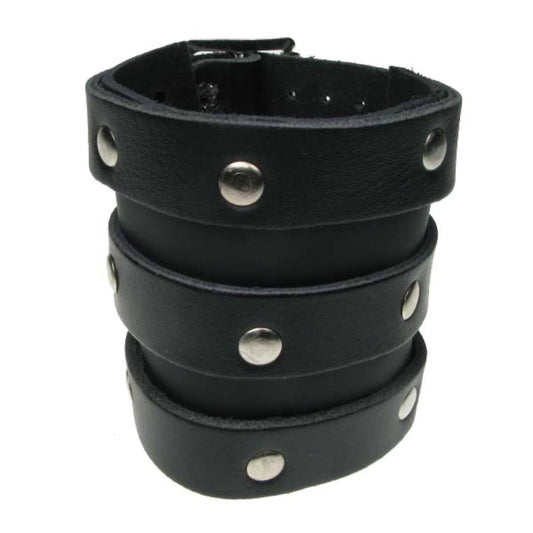 WB561 5 Row Width Leather vertical strips and rivets - Black Leather Wristband