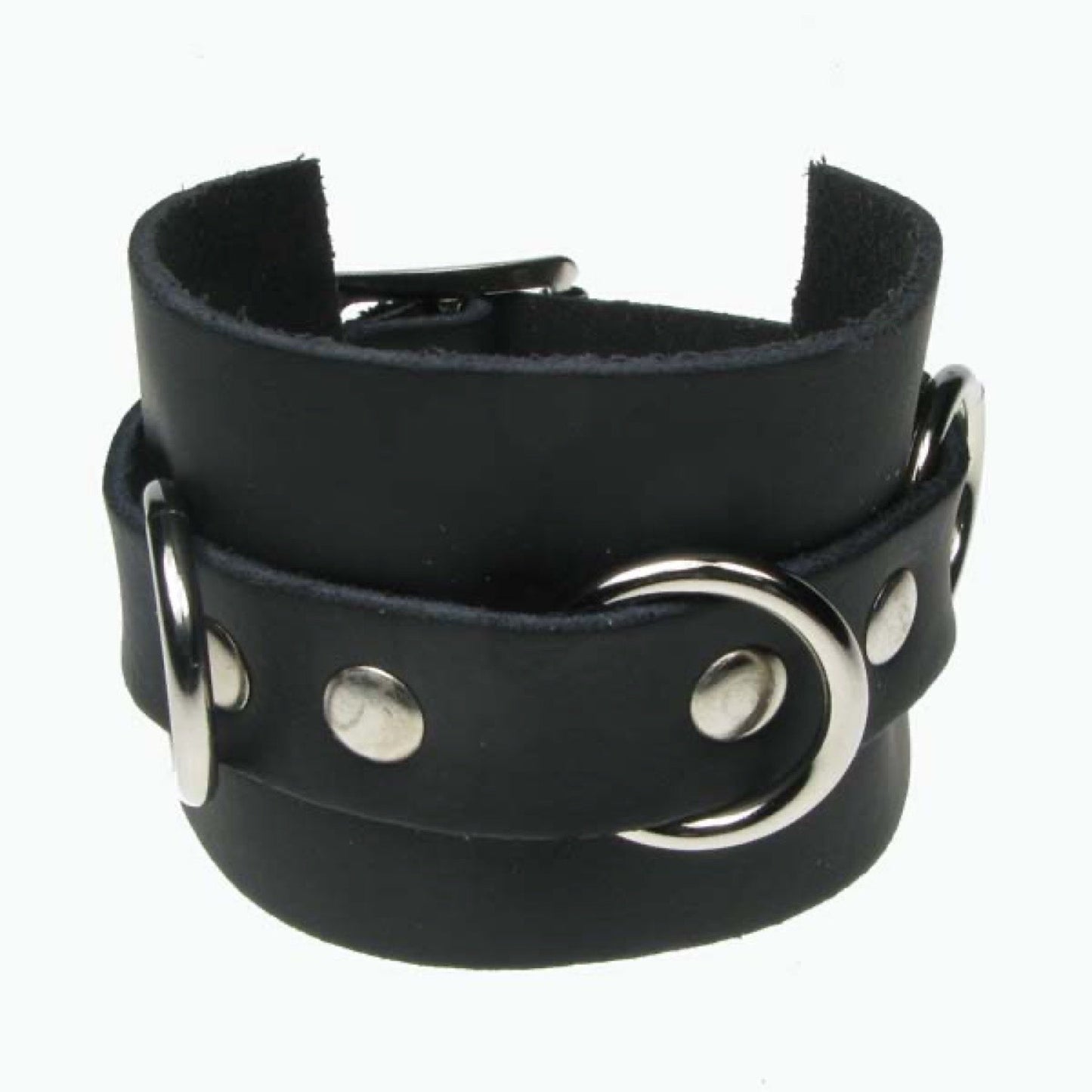 WB562 3 Row Width Leather strip with metal rings - Black Leather Wristband