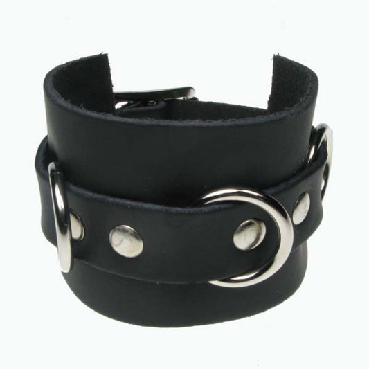 WB562 3 Row Width Leather strip with metal rings - Black Leather Wristband