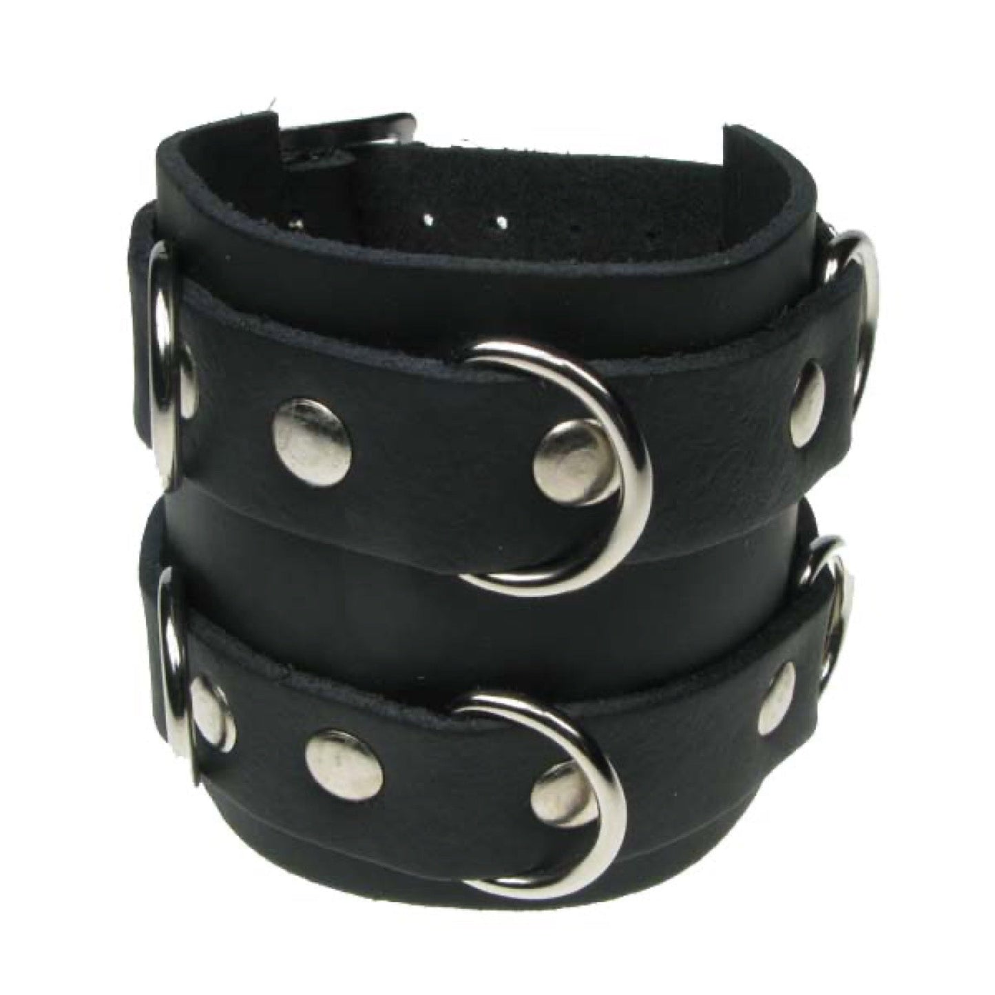 WB563 4 leather strips with metal rings - Black  Leather Wristband