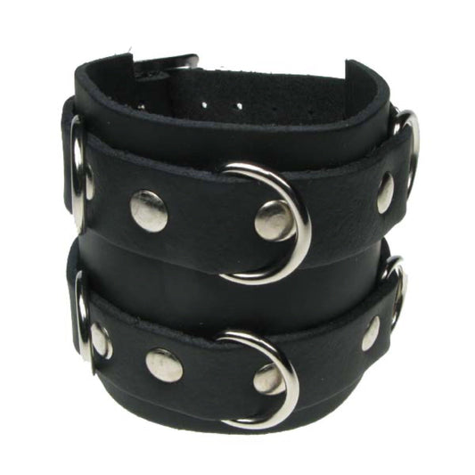 WB563 4 leather strips with metal rings - Black  Leather Wristband