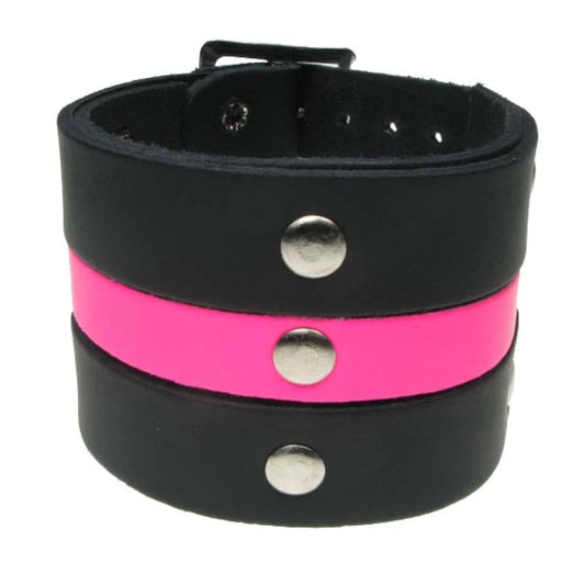 WB565 3 Row Width 3 Row strips of leather with F.Pink in middle - Black Leather Wristband