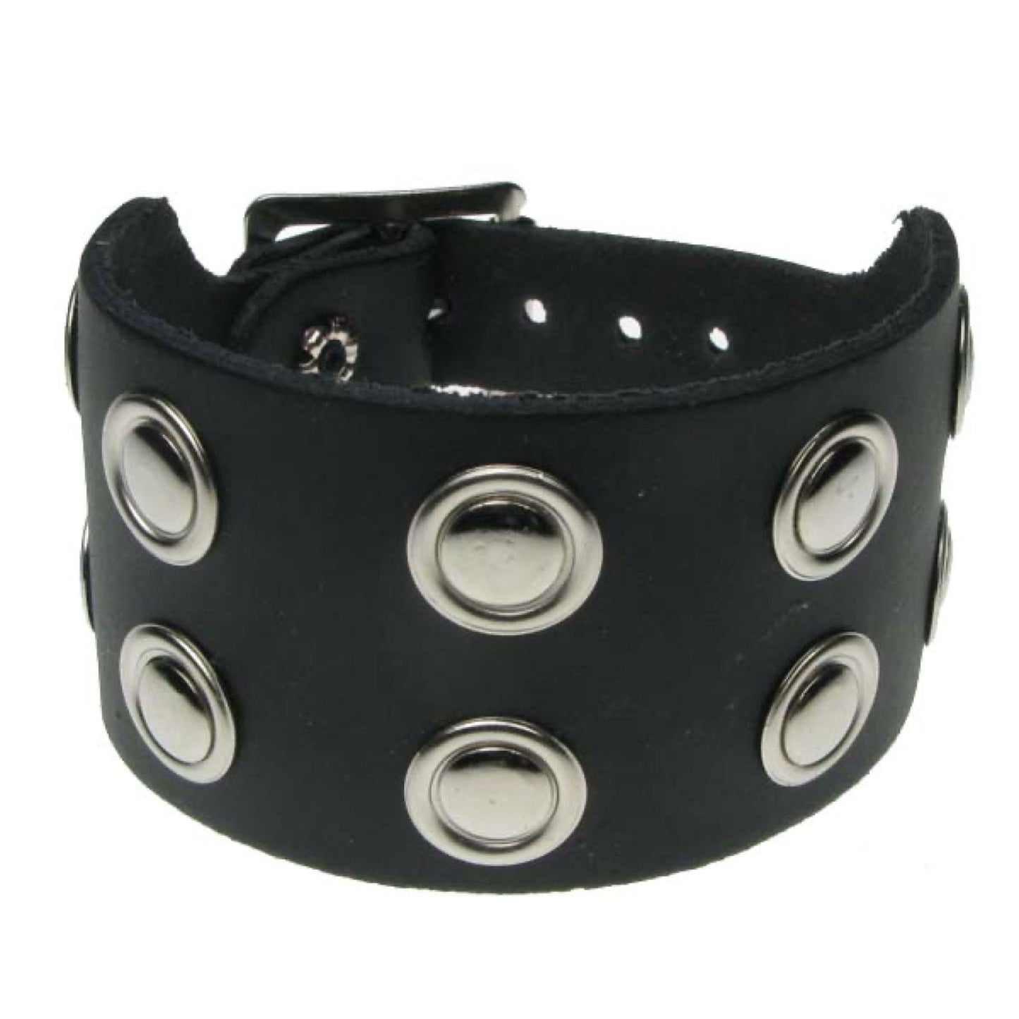 WB569 2 Row circular riveted fitting - Black  Leather Wristband