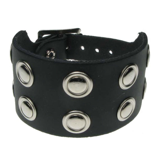 WB569 2 Row circular riveted fitting - Black  Leather Wristband