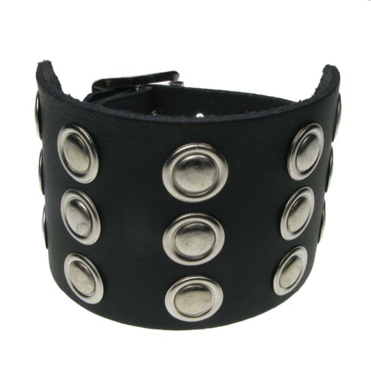 WB570 3 Row circular riveted fitting - Black Leather Wristband