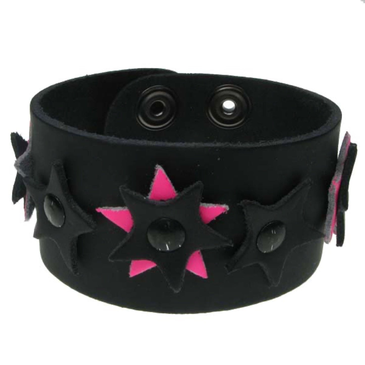 WB571 2 Row leather star pieces with black rivets (Buttoned) - Black  Leather Wristband