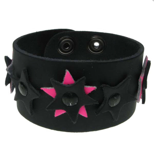 WB571 2 Row leather star pieces with black rivets (Buttoned) - Black  Leather Wristband