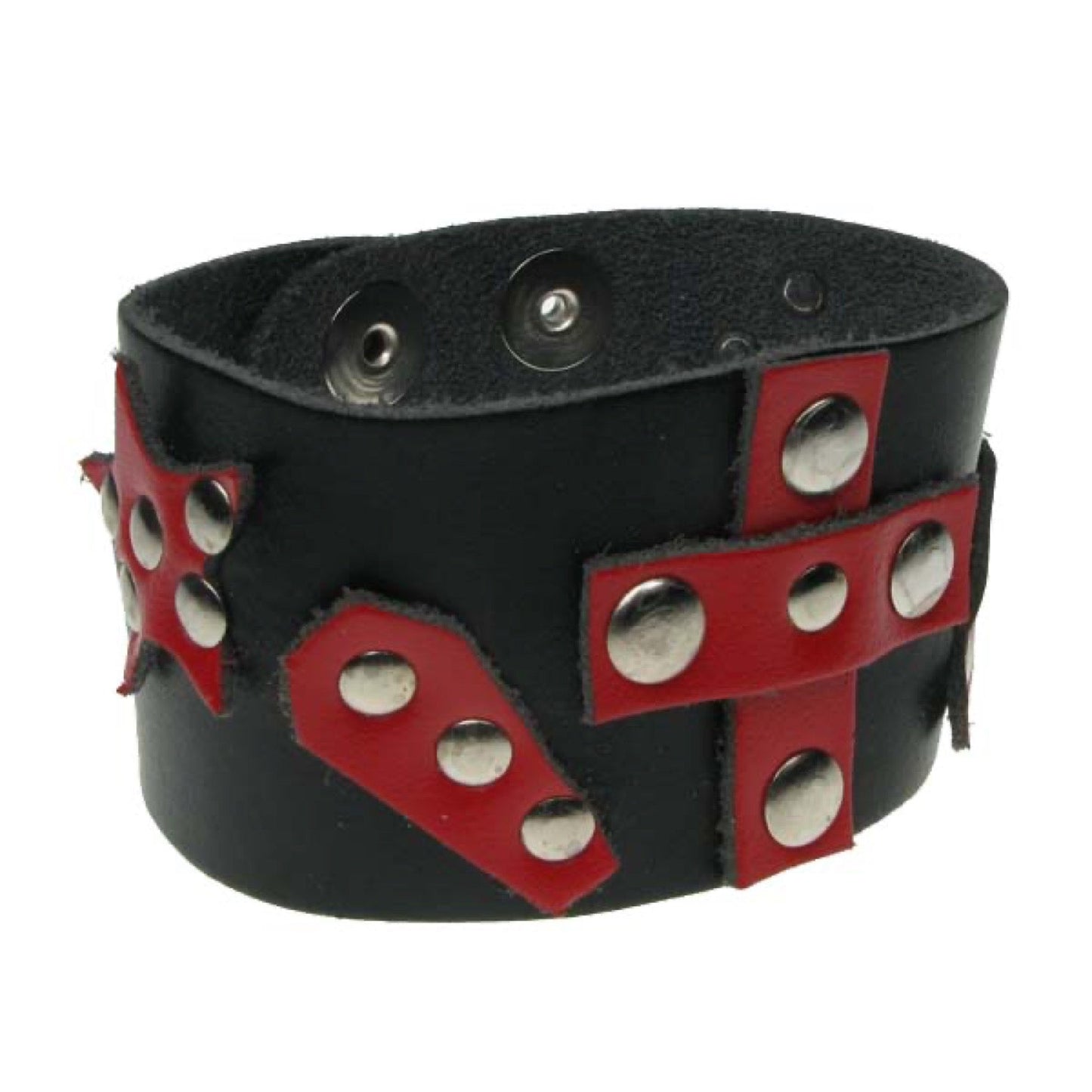 WB572 2 Row red leather star/coffin/cross with rivets (Buttoned) - Black  Leather Wristband
