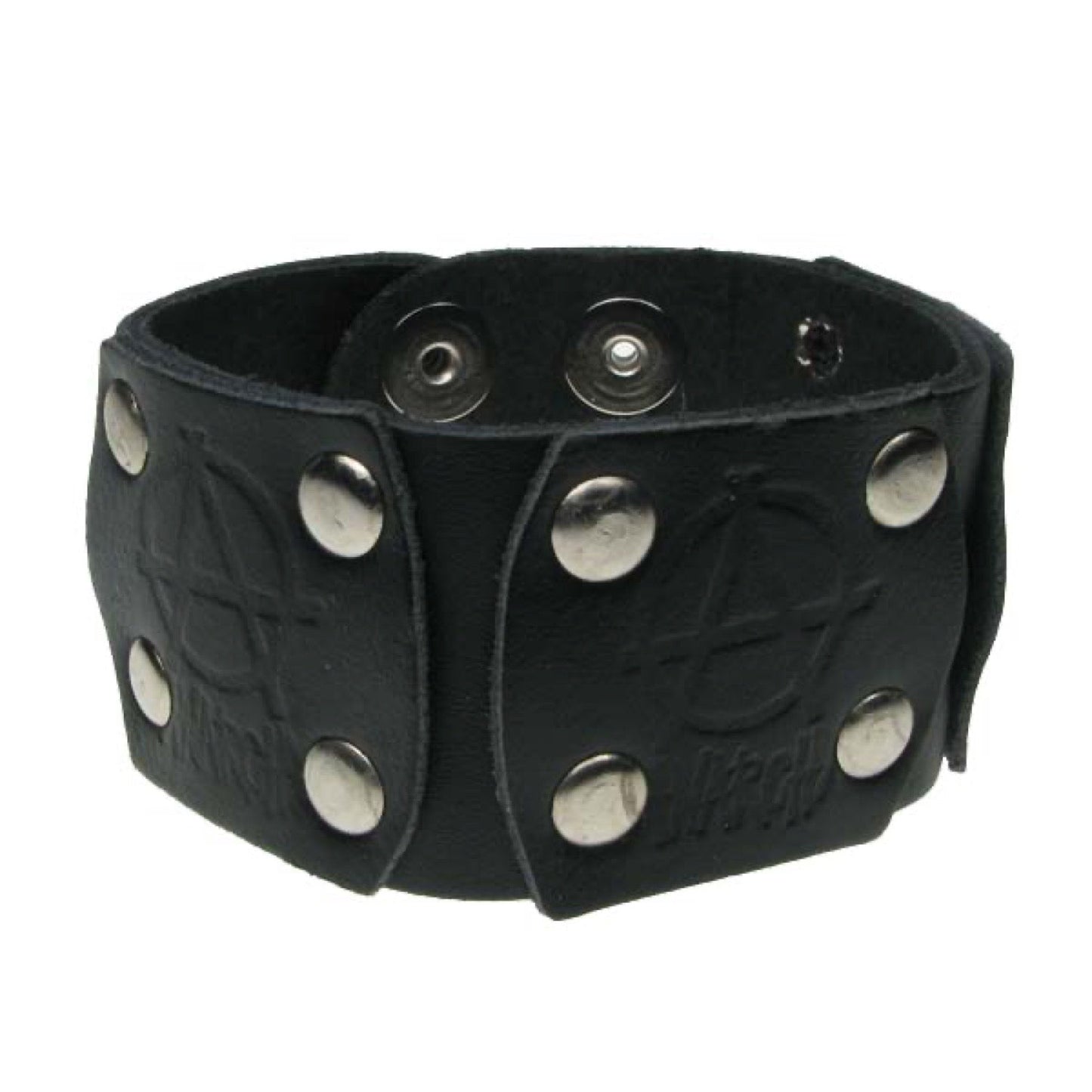 WB573 2 Row Anarchy leather patch (Buttoned) - Black  Leather Wristband