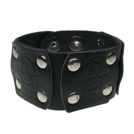 WB573 2 Row Anarchy leather patch (Buttoned) - Black  Leather Wristband
