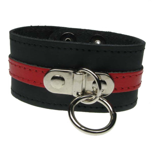 WB577 3 Row with Red leather strip and ring  stitched  Leather Wristband