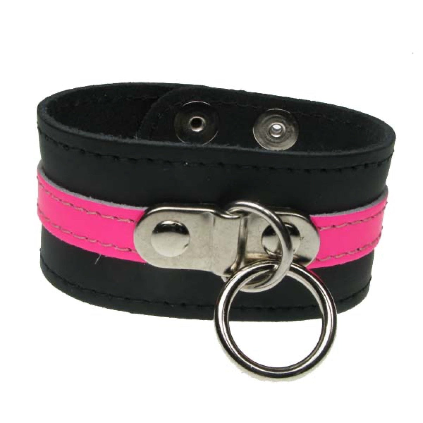 WB578 3 Row with Fluorescent Pink leather strip and ring, stitched (Buttoned) - Black  Leather Wristband