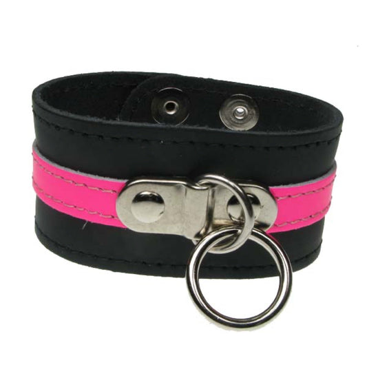 WB578 3 Row with Fluorescent Pink leather strip and ring, stitched (Buttoned) - Black  Leather Wristband
