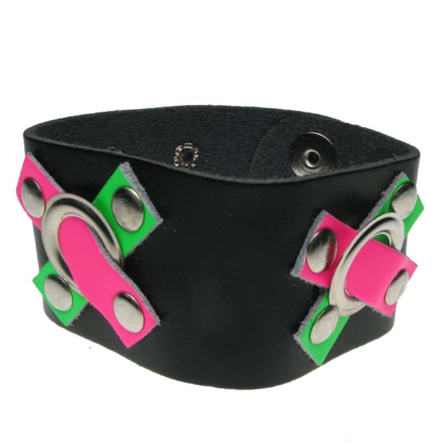 WB581 2 Row criss-cross leather Fluorescent green and pink pieced with eyelet and rivet fitting (Buttoned) Leather Wristband