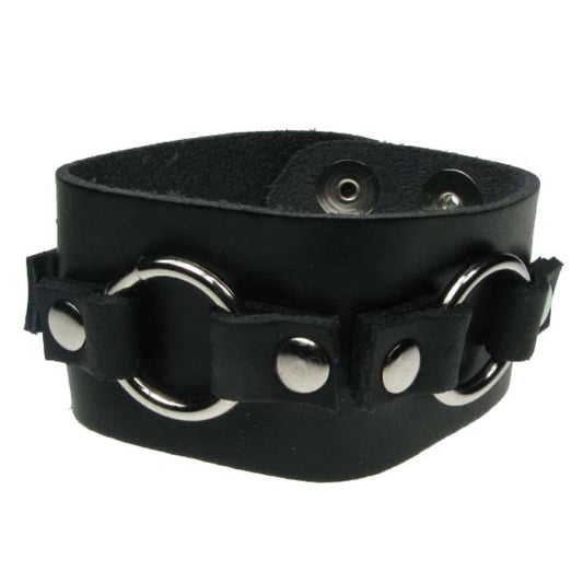 WB582 2 Row metal loop fitting (Buttoned) - Black  Leather Wristband