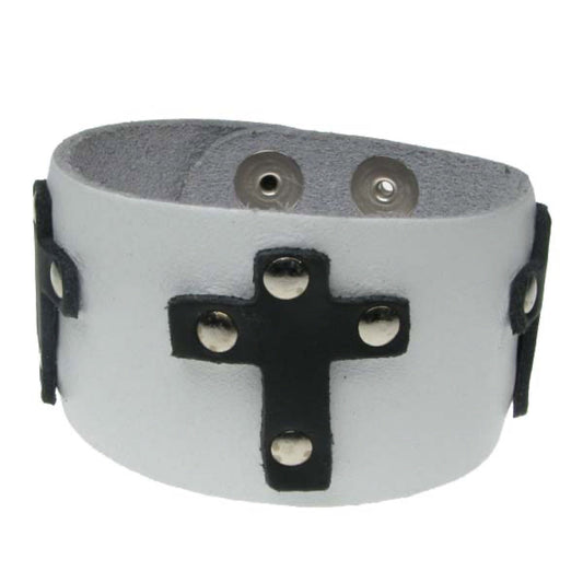 WB583 2 row leather cross with rivets (Buttoned) - White  Leather Wristband