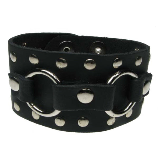 WB584 2 Row metal loop fitting with rivets on edges (Buttoned) - Black  Leather Wristband
