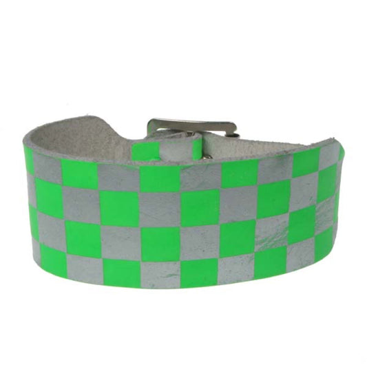 WB586 2 row checkered print green and silver Leather Wristband - F.Green