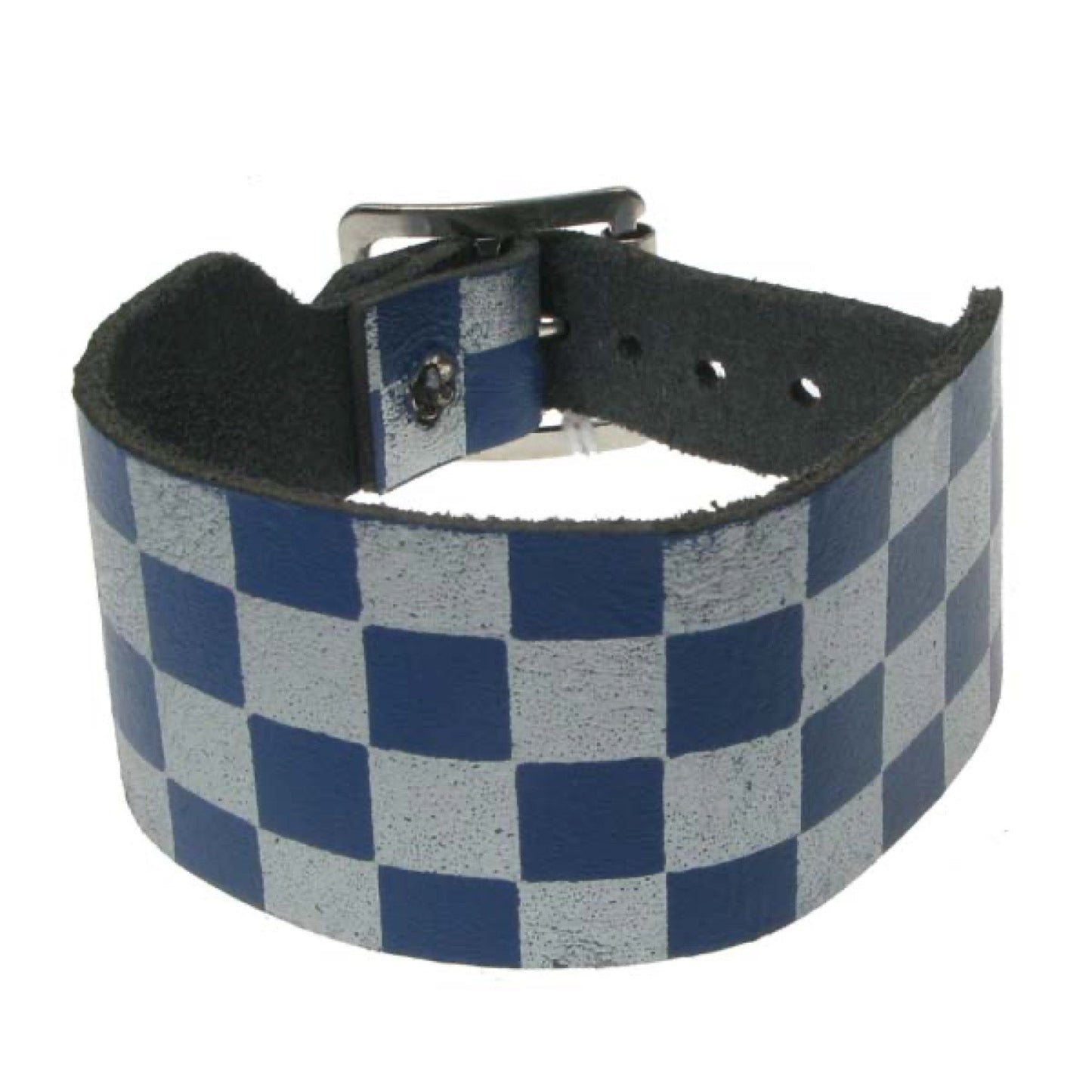 WB587 2 row checkered print blue and silver Leather Wristband - Royal Blue