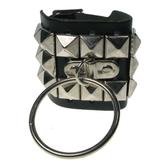 WB594 3 row pyramid wristband with large ring Leather Wristband - Black