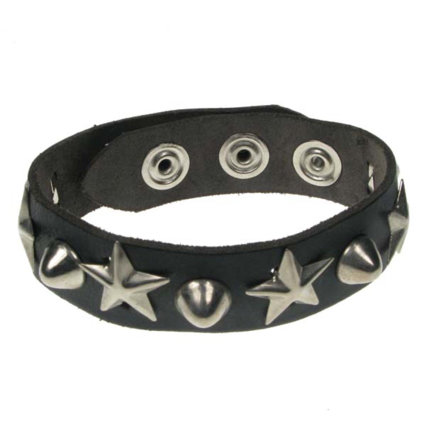 WB595 1 row dome conical and star fitting Leather Wristband - Black