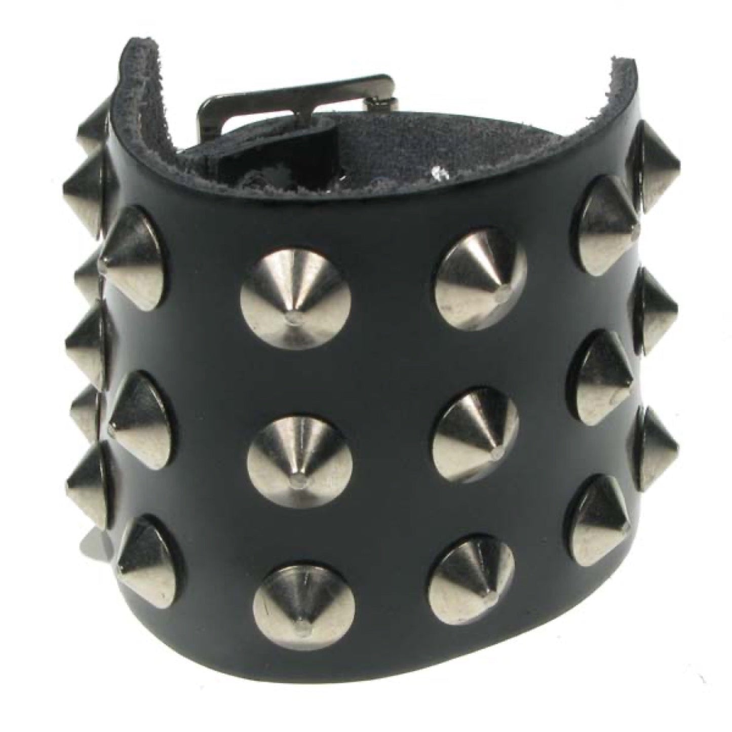WB596 3 Row Conical Leather Wristband - Black