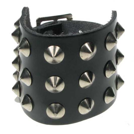 WB596 3 Row Conical Leather Wristband - Black