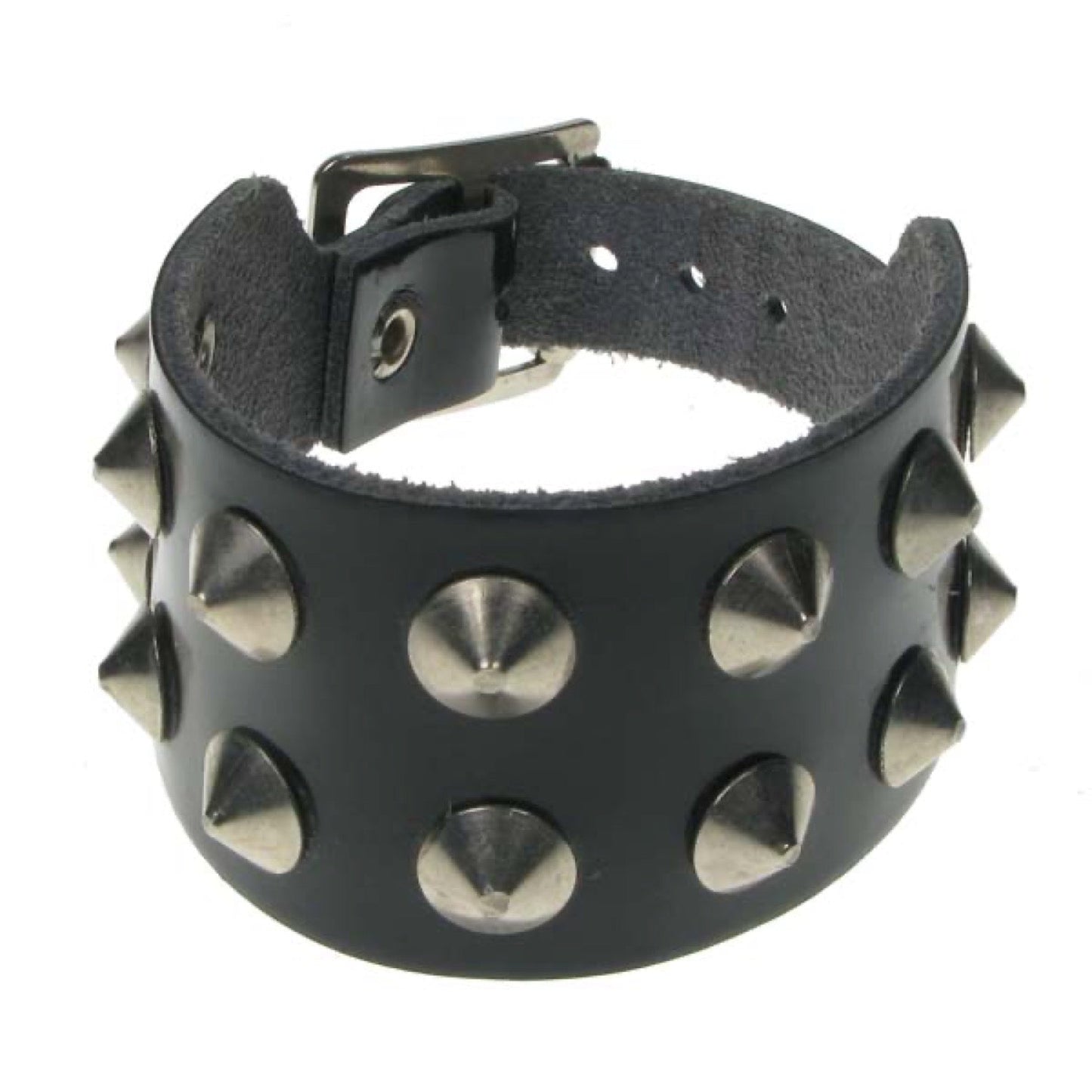 WB597 2 Row Conical Leather Wristband - Black