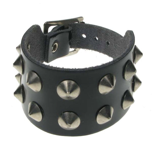 WB597 2 Row Conical Leather Wristband - Black