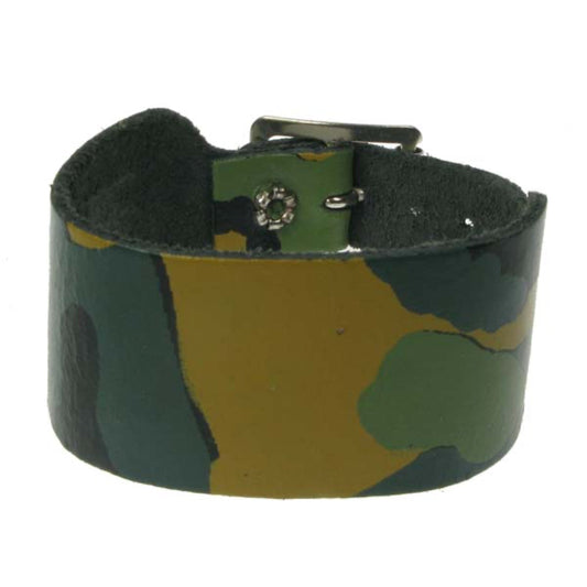 WB599 2 row plain Green Camo print  Leather Wristband - Green Camo