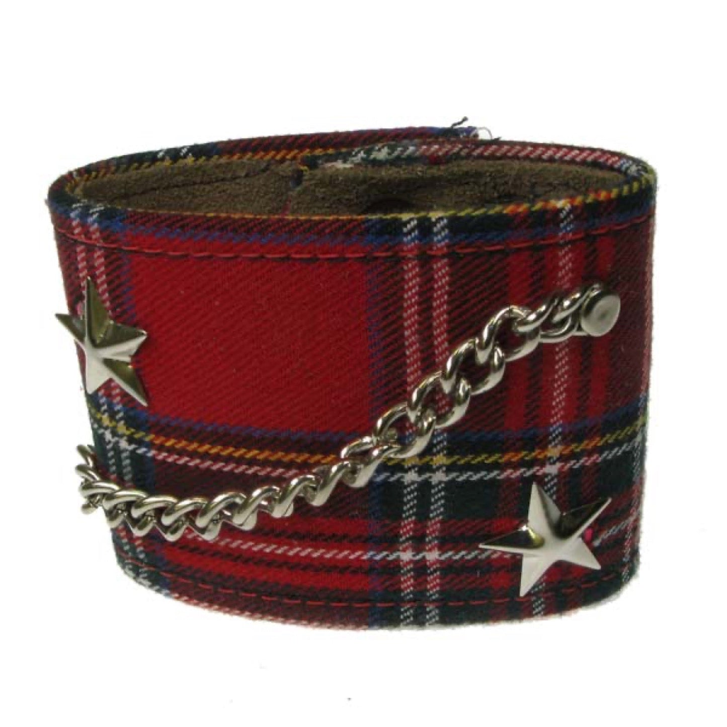 WB602 4 Row width Buttoned wristband tartan with star and chain Leather Wristband - Tartan
