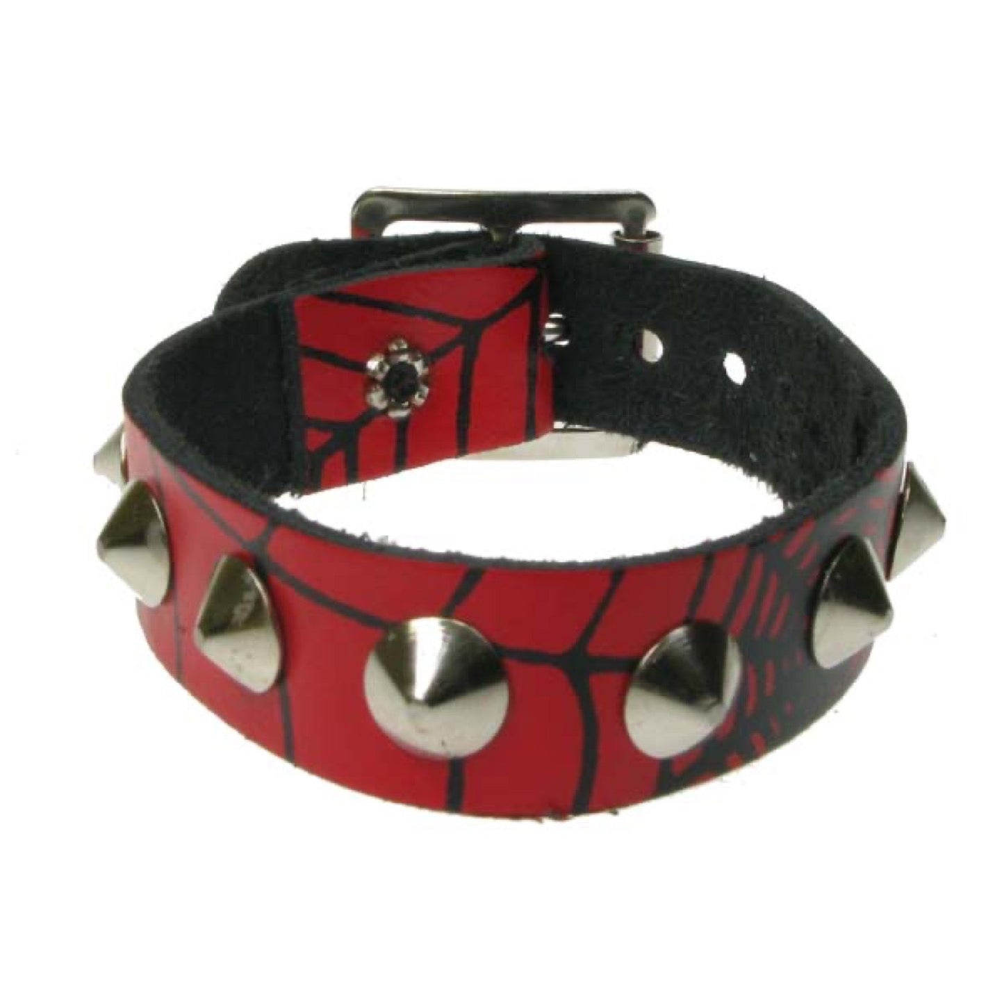 WB603 1 row conical on Spiderweb print Leather Wristband - Red