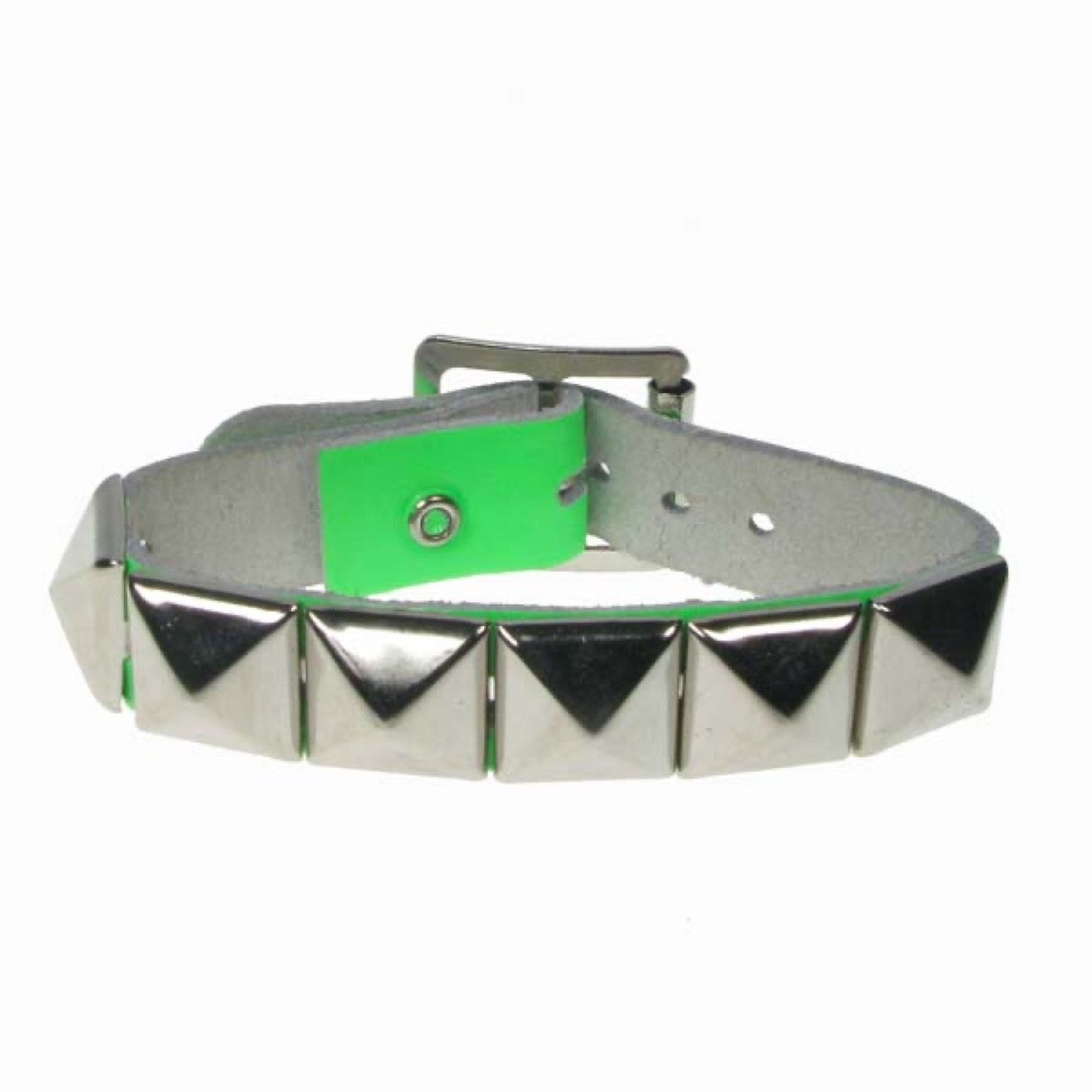 WB605 1 row pyramid Florescent green  Leather Wristband - F.Green
