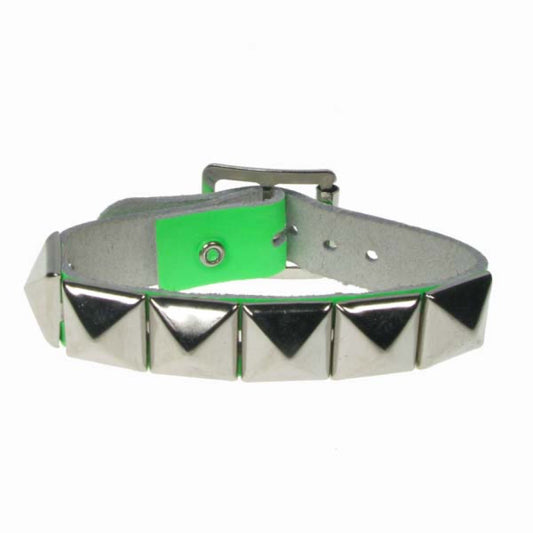 WB605 1 row pyramid Florescent green  Leather Wristband - F.Green