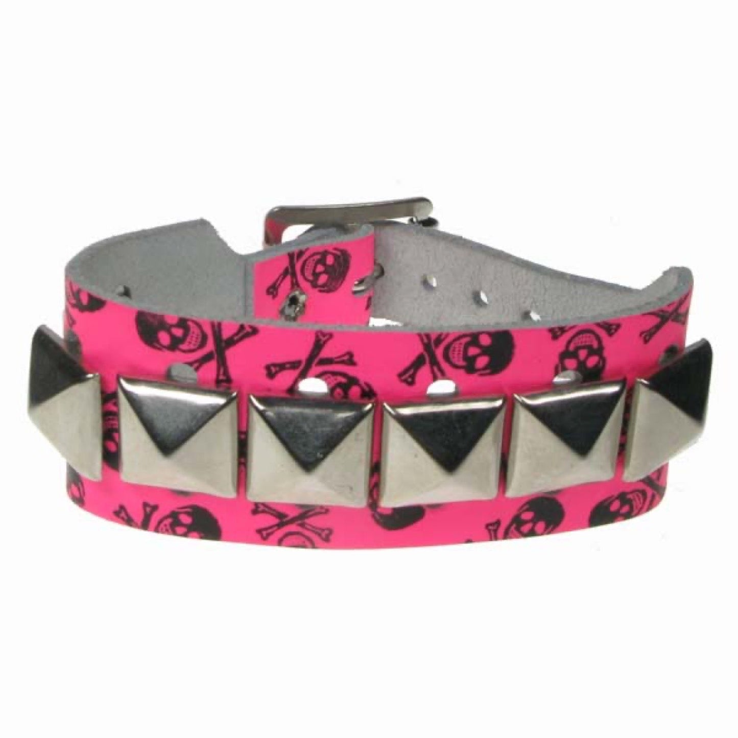 WB606 2 row skull and cross bone print with 1 row pyramid Leather Wristband - F.Pink