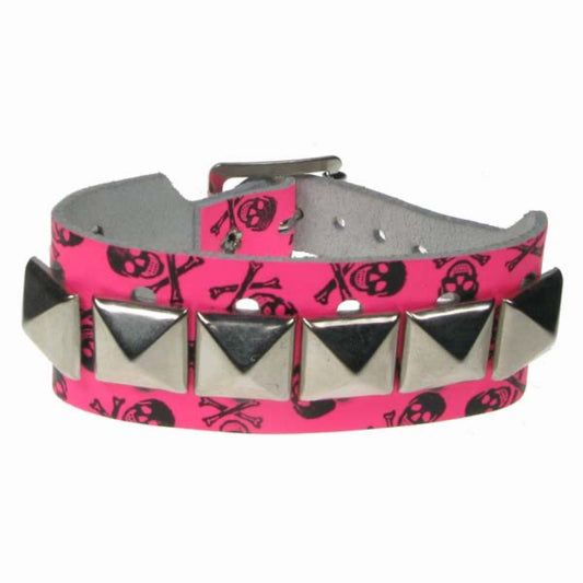 WB606 2 row skull and cross bone print with 1 row pyramid Leather Wristband - F.Pink