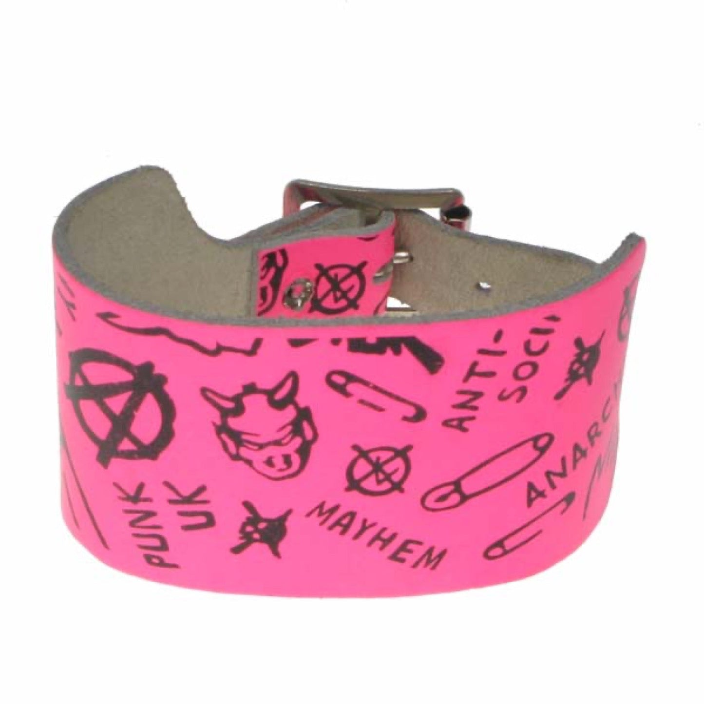 WB608 3 row anarchy print Leather Wristband - F.Pink
