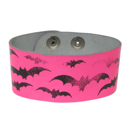 WB609 3 Row width Bat print buttoned wristband Leather Wristband - F.Pink (50)