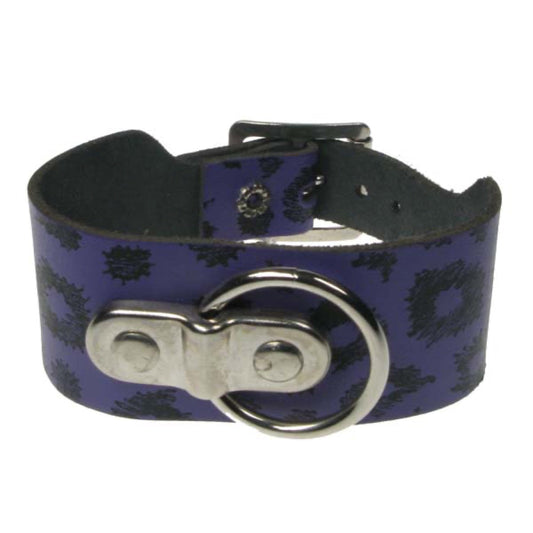 WB611 2 row leopard with ring fitting Leather Wristband - Purple