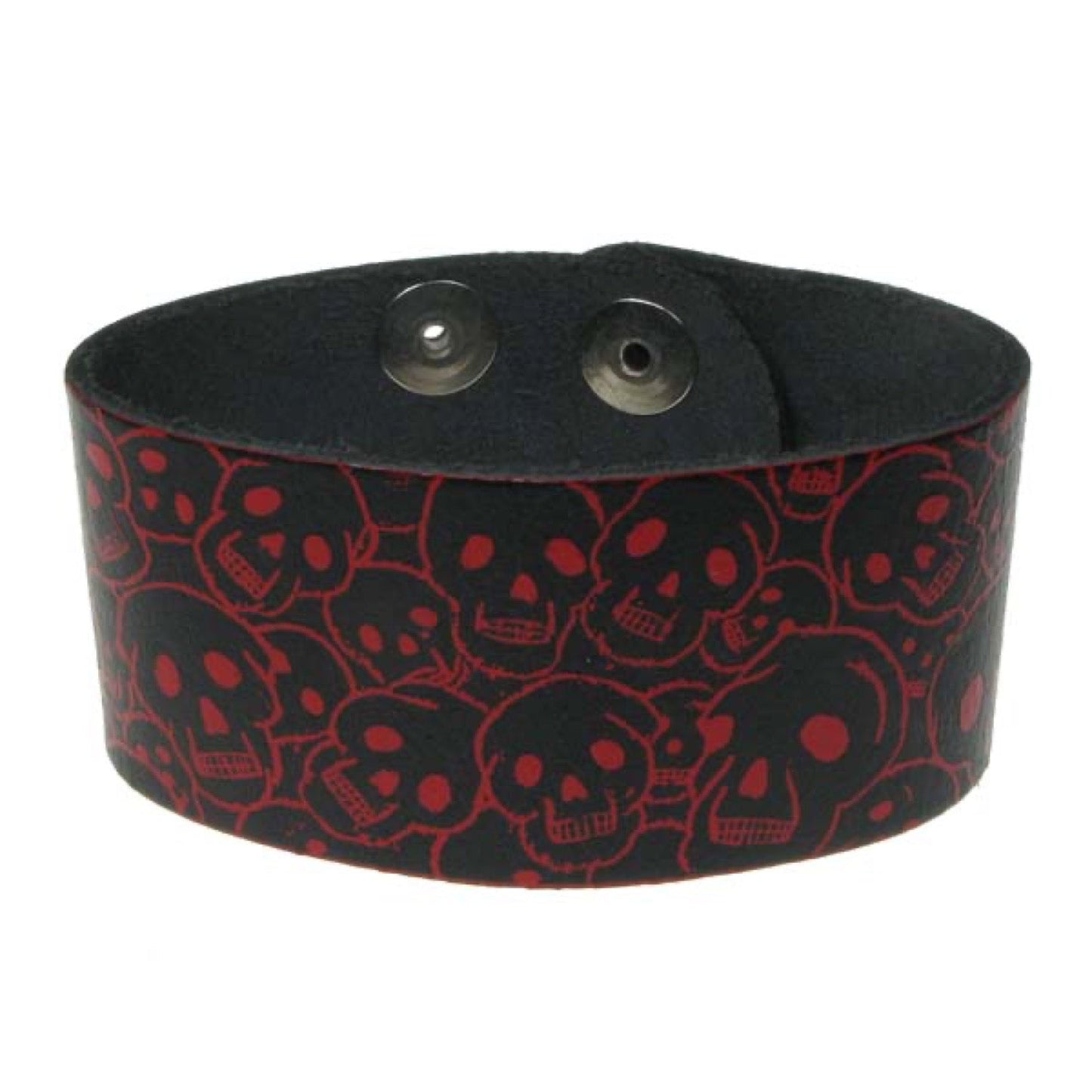 WB613 3 Row width Skull print buttoned wristband Leather Wristband - Red