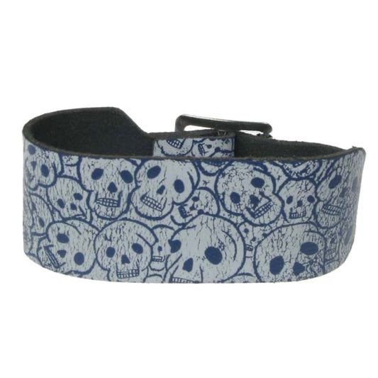 WB615 2 row skull print Blue Leather Wristband - Royal Blue