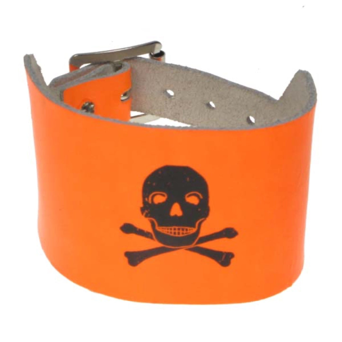 WB616 3 row width skull and cross bone print Leather Wristband - F.Orange