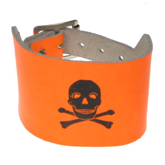 WB616 3 row width skull and cross bone print Leather Wristband - F.Orange