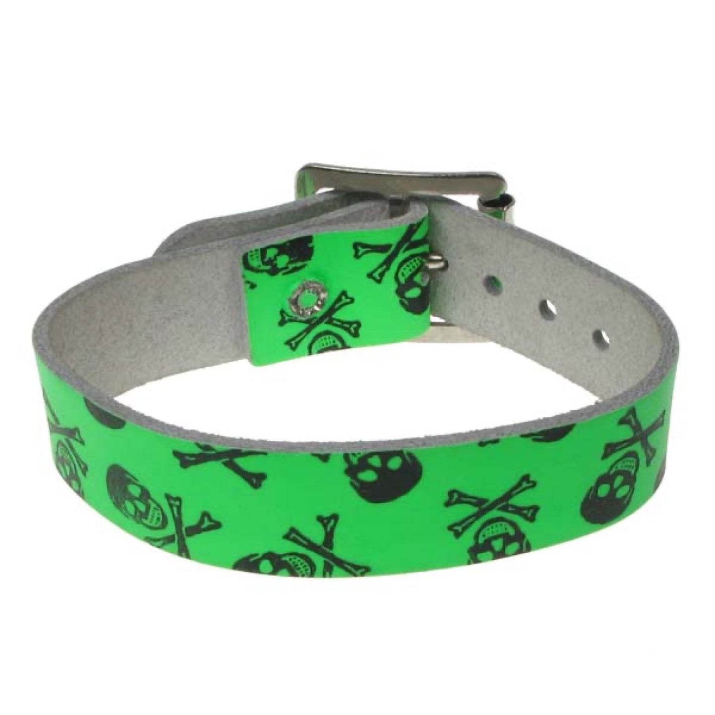 WB619 1 row skull and cross bone print florescent green Leather Wristband - F.Green
