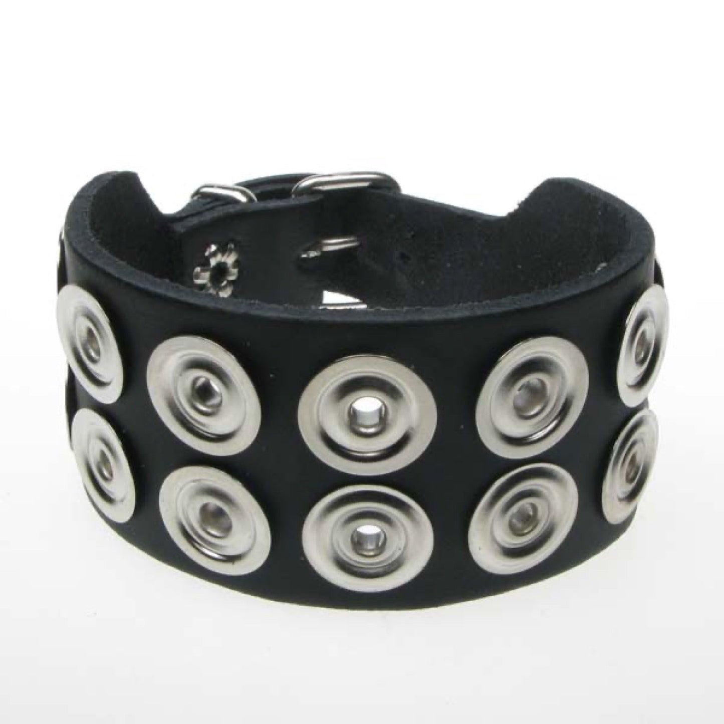 WB627 2 Row Back Button Fitting Leather Wristband - Black