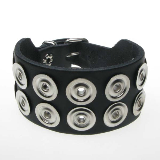WB627 2 Row Back Button Fitting Leather Wristband - Black