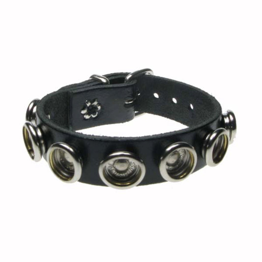 WB628 1 Row Internal Button Fitting Leather Wristband - Black