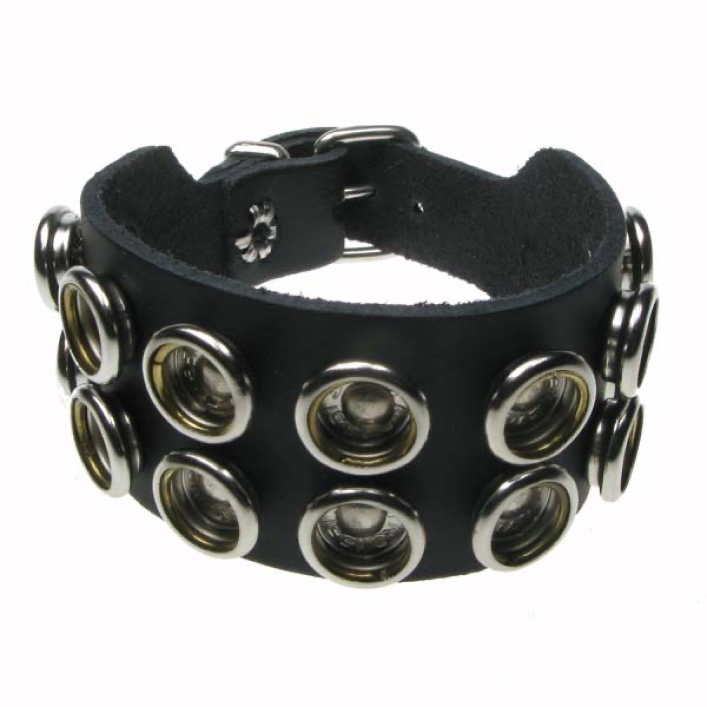 WB629 2 Row Internal Button Fitting Leather Wristband - Black